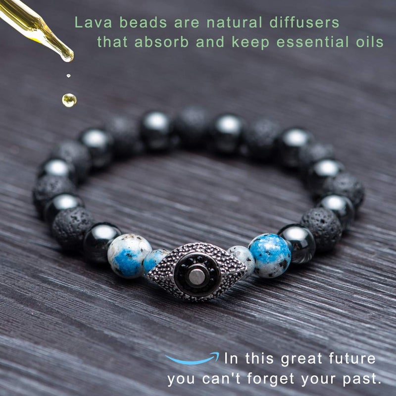 Karseer Vintage Silver and Black Plated Evil Eye Magnetic Energy Balance Anti Anxiety Bracelet Natural Hematite K2 Blue Azurite and Lava Rock Healing Stone Beads Essential Oil Diffuser Bracelet Unisex - Image 3